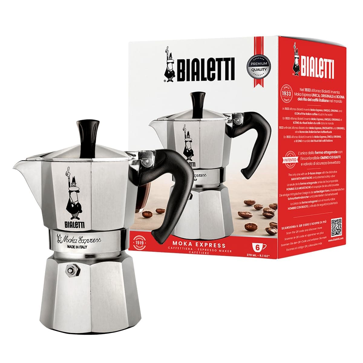 Bialetti Moka Express Iconic Italian Stovetop Espresso Maker (Natural Silver, 6 Cups) 6 Cups silver