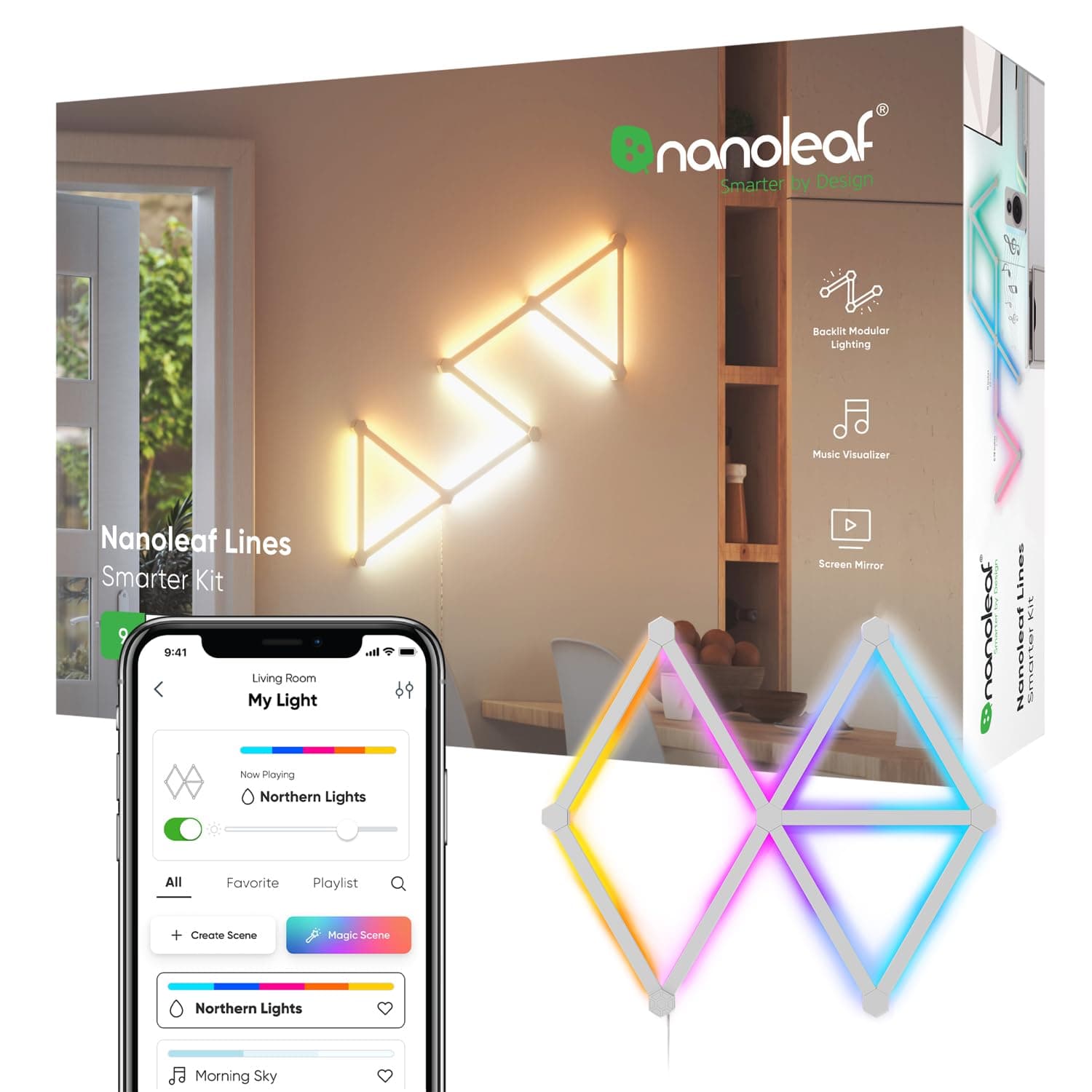 Nanoleaf Lines WiFi Smart RGBW 16M Color LED Dimmable Gaming and Home Decor Wall Lights Smarter Kit (60 Degree Smarter Kit (9 Lines)) Large