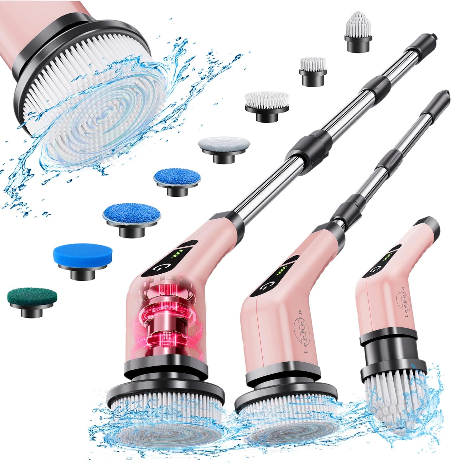 Leebein Electric Spin Scrubber, Cordless Powerful Scrub Brush for Cleaning Bathroom, Kitchen, Shower Tub and Floor Tile with Adjustable Extension Long Handle and 8 Replaceable Brush Heads(Rose)