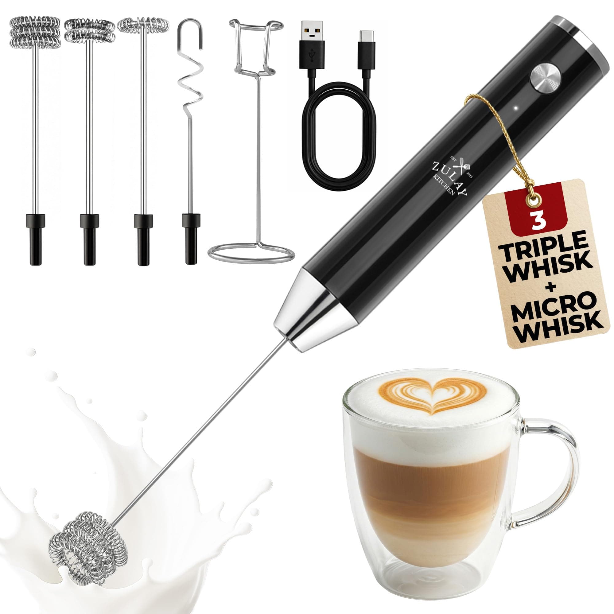 Zulay Kitchen Rechargeable Milk Frother Handheld - Lux 4 Whisks, Powerful 2-Speed Motor, Waterproof, 2000mAh Battery - Drink Mixer for Latte, Cappuccino, Matcha & Protein Powder - Jet Black Lux Alpha Black Rechargeable Z1 Motor Max
