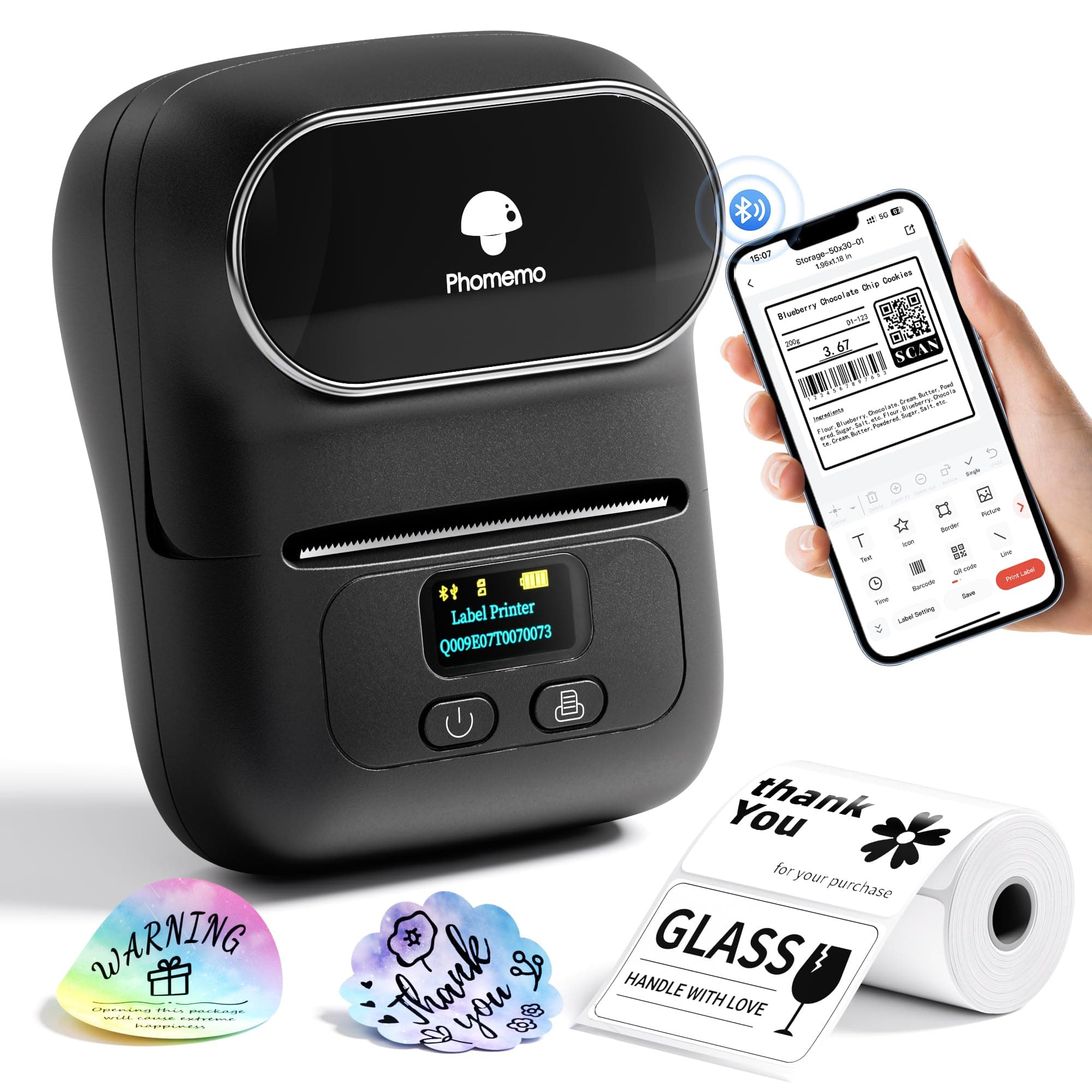 Phomemo M110 Label Makers - Barcode Label Printer Bluetooth Label Maker Portable Thermal Printer for Small Business, Address, Barcode, Logo, Clothing, Mailing, Sticker Printers for Phone & PC, Black Black 1 Printer + 1 Roll Label