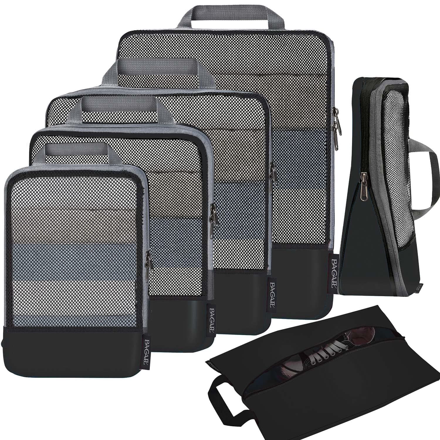 BAGAIL 4 Set/6 Set/8 Set Compression Packing Cubes Travel Accessories Expandable Packing Organizers (Half Mesh, 6-Black) 6-Black Half Mesh